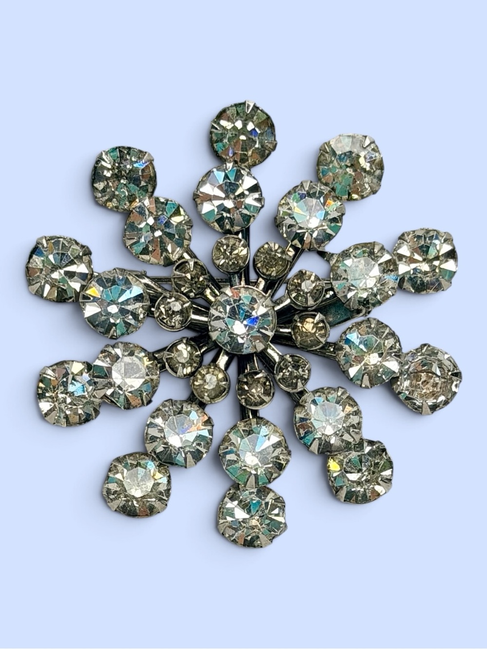 Vintage Coro Rhinestone Starburst Snowflake Brooch Silver Tone 2”